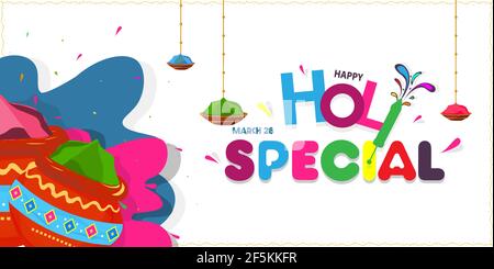 Vector illustration of Happy Holi, Stylish text Holi Special with holi elements, poster, banner, template. Stock Vector