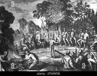 Rc11024 Timucua Indians at a feast drawing possibly by Le Moyne de Morgues. Stock Photo