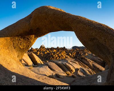 Mobius arch in the Alabama Hills framing Mount Whitney in the East Sierra, near Lone Pine, California, USA Stock Photo