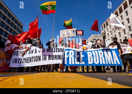 Washington, DC, USA, 26 March, 2021.  Pictured: People at Black Lives Matter Plaza gathered to protest the military coup in Myanmar and demand the United States act to restore the democratically elected government. Credit: Allison C Bailey/Alamy Live News Stock Photo