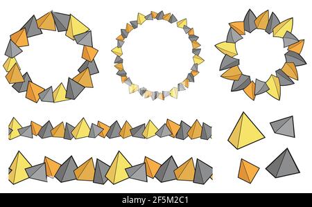 Set of round frame with 3d pyramids, seamless border and single element. Childrens template with toys. Element for brush. Design kit with triangular g Stock Vector