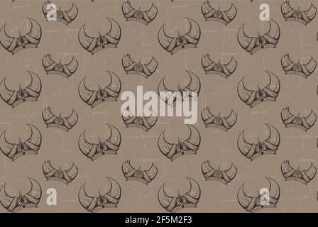 Seamless pattern with the contours of the sketch of the horned viking helmets and grunge scuff. Texture with the ammunition of the ancient warriors of Stock Vector