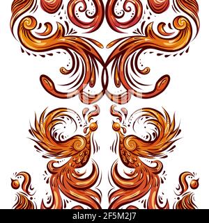 Seamless vertical border with vintage phoenix with curls and feathers. background of orange birds with tails and wings on a white backdrop. Bird damas Stock Vector