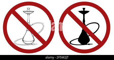 No smoking. Set of vector prohibiting red signs with silhouettes of hookahs. Smoking is harmful to your health. Restrictions during quarantine. Stock Vector