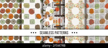 Cute collection of doodle hipster seamless patterns. Ornament set for your design, wallpaper, background, fabric textile. Vector illustrations Stock Vector