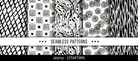 Cute collection of doodle hipster seamless patterns. Ornament set for your design, wallpaper, background, fabric textile. Vector illustrations Stock Vector