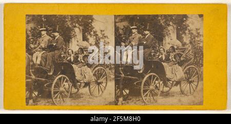 Two women in a horse-drawn carriage with two men drivers wearing top hats. LeBas (French, active 1850s - 1860s) Stock Photo