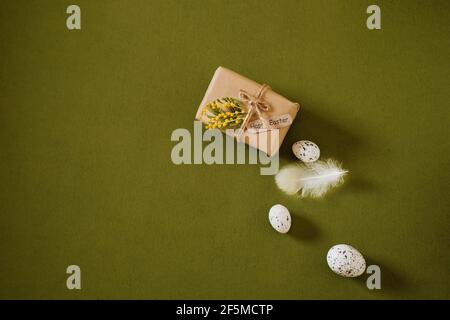 Easter gift boxes decorated with flowers.easter composition. zero waste gift. High quality photo Stock Photo
