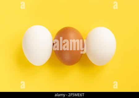 Brown chicken eggs on yellow background. Top view. Healthy food concept Stock Photo