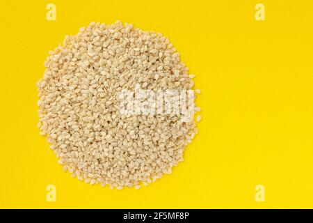 White sesame seeds heap isolated on yellow background. Top view. Stock Photo