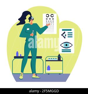 Optical eyes test illustration. Ophthalmology concept. Ophthalmologist checks patient sight. Stock Vector