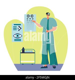 Optical eyes test illustration. Ophthalmology concept. Ophthalmologist checks patient sight. Stock Vector