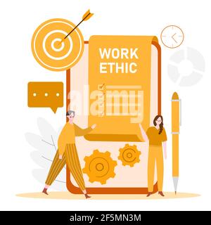 people looking work ethic points on smartphone around dartboard with modern flat style Stock Vector