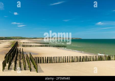 Mussel poles on the beach of Wissant on the Opal Coast in France Stock Photo