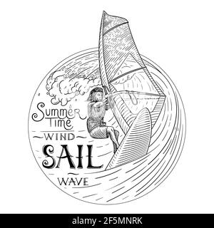 Windsurfing vector icon. black and white illustration, with an inscription. surfer on the wave. Stock Vector
