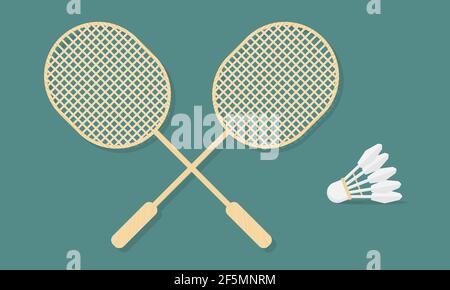Two wooden badminton rackets and shuttlecock. Essential badminton sport game equipment. Stock Vector
