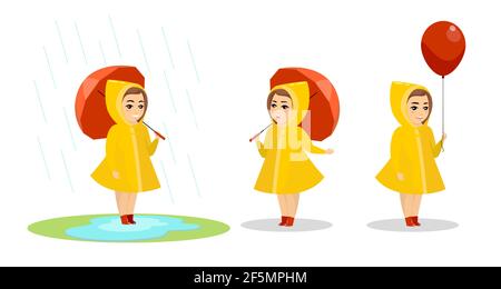 Little smiling child girl in yellow raincoat and rubber boots standing with umbrella in puddle. After rain cute female preschool character holding red balloon. Vector cartoon eps illustration Stock Vector