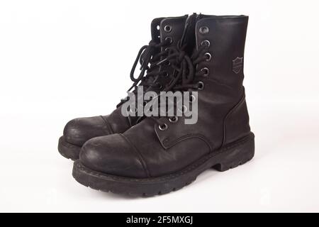 Hiking shoes and a white background, Sturdy hiking boots, strong hiking boots Stock Photo