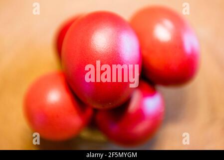Easter eggs painted in red in the Orthodox Christian Easter tradition Stock Photo