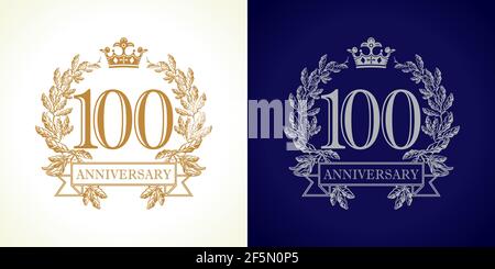 100 years old luxury logotype. Congratulating 100th numbers gold color framed in palms. Heraldic congrats concept. Celebrating one, zero digits, first Stock Vector