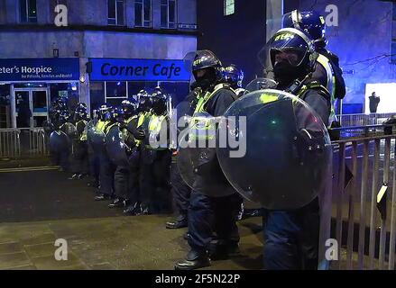 Video screenshot taken before riot police charged protesters at Bristol  protesting against new British proposed anti-protest Bill (26 March 2021). ((The largely peaceful protest took place during covid (Coronus virus) restrictions against large gatherings)) Stock Photo
