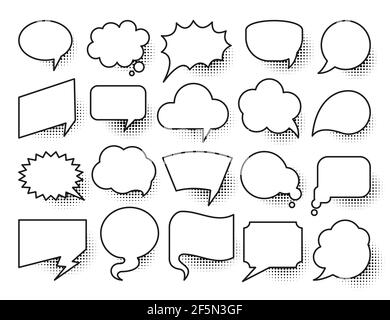 Speech bubble pop art set. Comic text frames with black halftone shadows. Vintage cartoon banners speak, think, idea sign. Retro empty cloud bubbles f Stock Photo