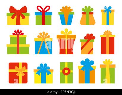 Gift box with ribbon bow flat icon set. Different shape present boxes. Happy new year, Merry Christmas, Valentines Day, Happy Birthday celebrate symbo Stock Photo