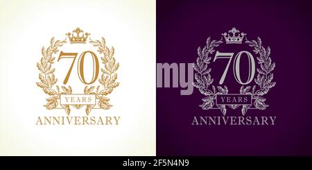 70 years old luxury logotype. Congratulating 70th numbers gold color framed in palms. Heraldic congrats concept. Celebrating tradition seven, zero dig Stock Vector