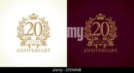 20 years old luxury logotype. Congratulating 20th numbers gold color template framed in palms. Isolated congrats design. Celebrating tradition twenty Stock Vector