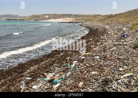 Plastic wate and litter on coast at Tsunoshima island, Japan Stock Photo