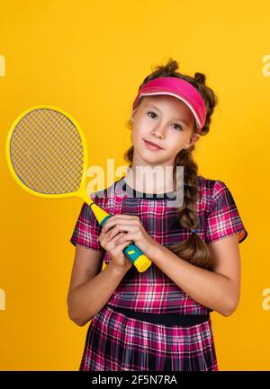 healthy sporty tween girl hold tennis racket, badminton Stock Photo