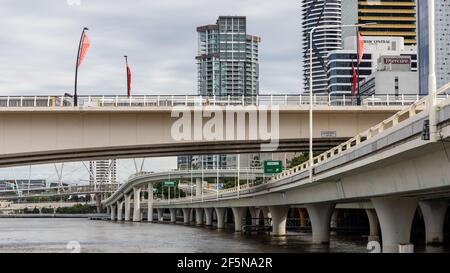 The iconic riverside expressway and Brisbane Cityscape along the Brisbane River in Queensland on March 24th 2021 Stock Photo