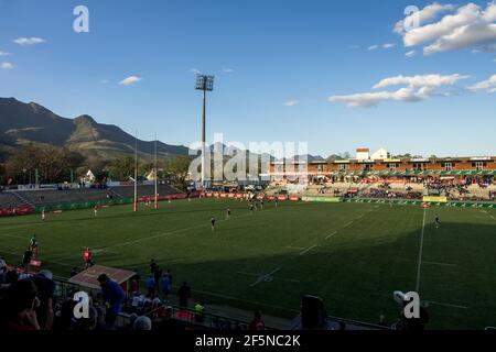 A rugby match at George, Western Cape, South Africa in August with the Outeniqua Mountains in the background. (England U18 v France U18 2014) Stock Photo