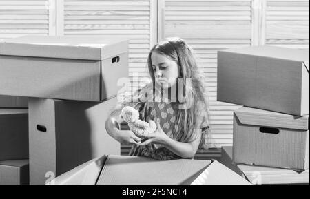 Packaging things. Stressful situation. Divorce and separation. Family problem. Prepare for moving. Moving out. Moving routine. Only true friend. Girl Stock Photo