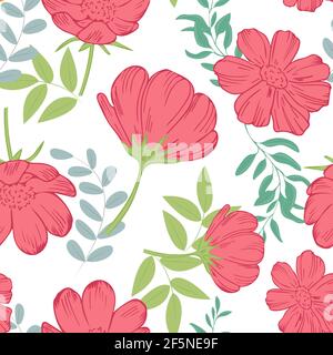 Seamless pattern with bright pink-red flowers. Repeating color pattern. Vector, template for background. Stock Vector