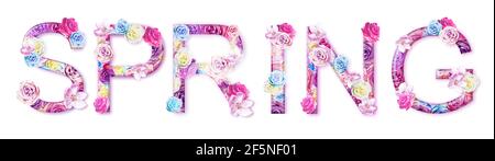 Word SPRING made of flowers on white background. Spring concept. Flat lay. Flower background. Stock Photo