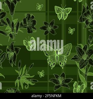 Lily flowers. Seamless pattern for wallpaper and fabric. Background illustration. Hand drawing outline. Flowering of garden plants. Abstract floral Stock Vector