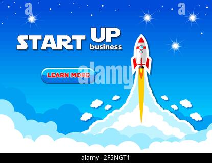 Startup business concept. The rocket takes off to the stars through the clouds. Vector landing page Stock Vector