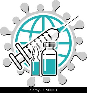 COVID-19 global vaccination concept. Medical syringe with needle, Vial and bottle with the drug against coronavirus. Vector isolated on white backgrou Stock Vector