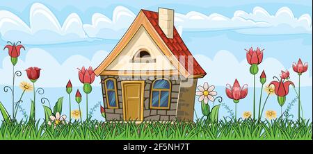 Stone garden house. Fabulous cartoon object. Cute childish style. Ancient dwelling. Tiny, small. Against the background of a landscape with flowers Stock Vector