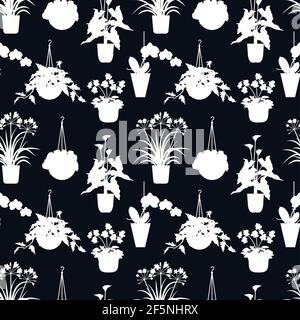 Tropical house plants silhouettes. On a black background Stock Vector