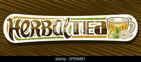 Vector banner for Herbal Tea, decorative label with illustration of transparent tea cup with hot yellow homeopathic beverage for alternative medicine Stock Vector