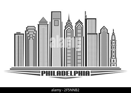 Vector illustration of Philadelphia, monochrome horizontal poster with line art design philadelphia city scape, urban concept with decorative letterin Stock Vector