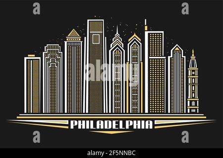 Vector illustration of Philadelphia, horizontal poster with line art design illuminated philadelphia city scape, urban concept with decorative letters Stock Vector