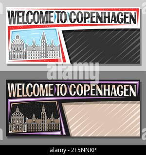 Vector layouts for Copenhagen with copy space, decorative voucher with illustration of copenhagen city scape on day and dusk sky background, art desig Stock Vector