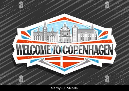 Vector logo for Copenhagen, white decorative tag with illustration of copenhagen city scape on day sky background, art design fridge magnet with uniqu Stock Vector