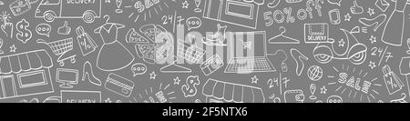 Online shopping seamless web banner. Hand drawn e-commerce objects on gray background. Vector illustration. Stock Vector