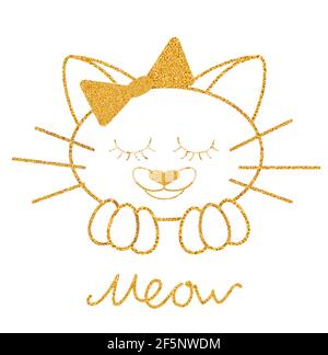 Gold glitter texture cat with bow isolated and letters meow on white background. Vector illustration design element. Stock Vector