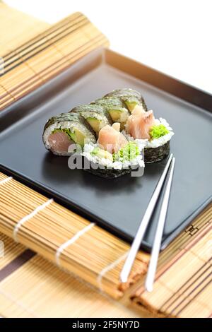 close-up of healthy and colorful sushi rolls Stock Photo