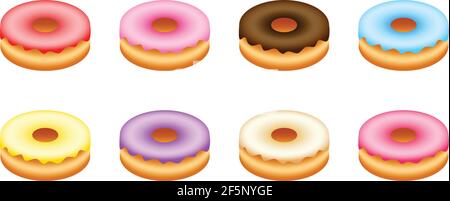 8 types of colorful glazed donuts in set. Stock Vector